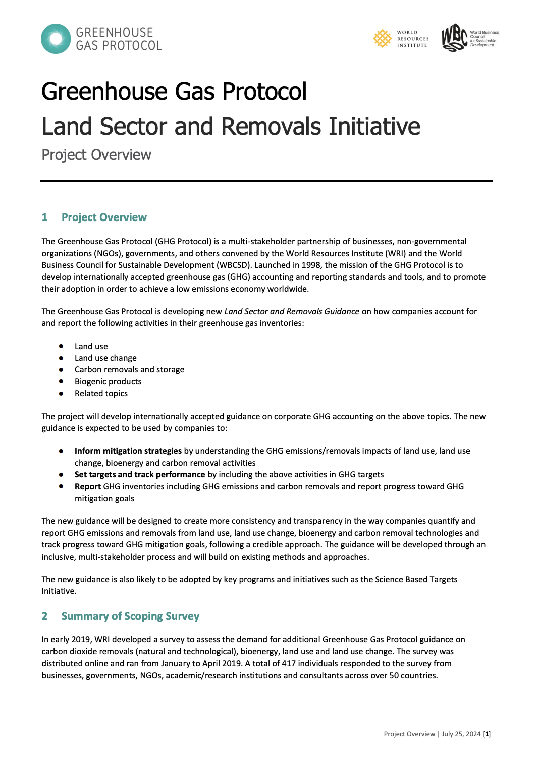 Greenhouse gas protocol land sector and removals initiative: Project overview